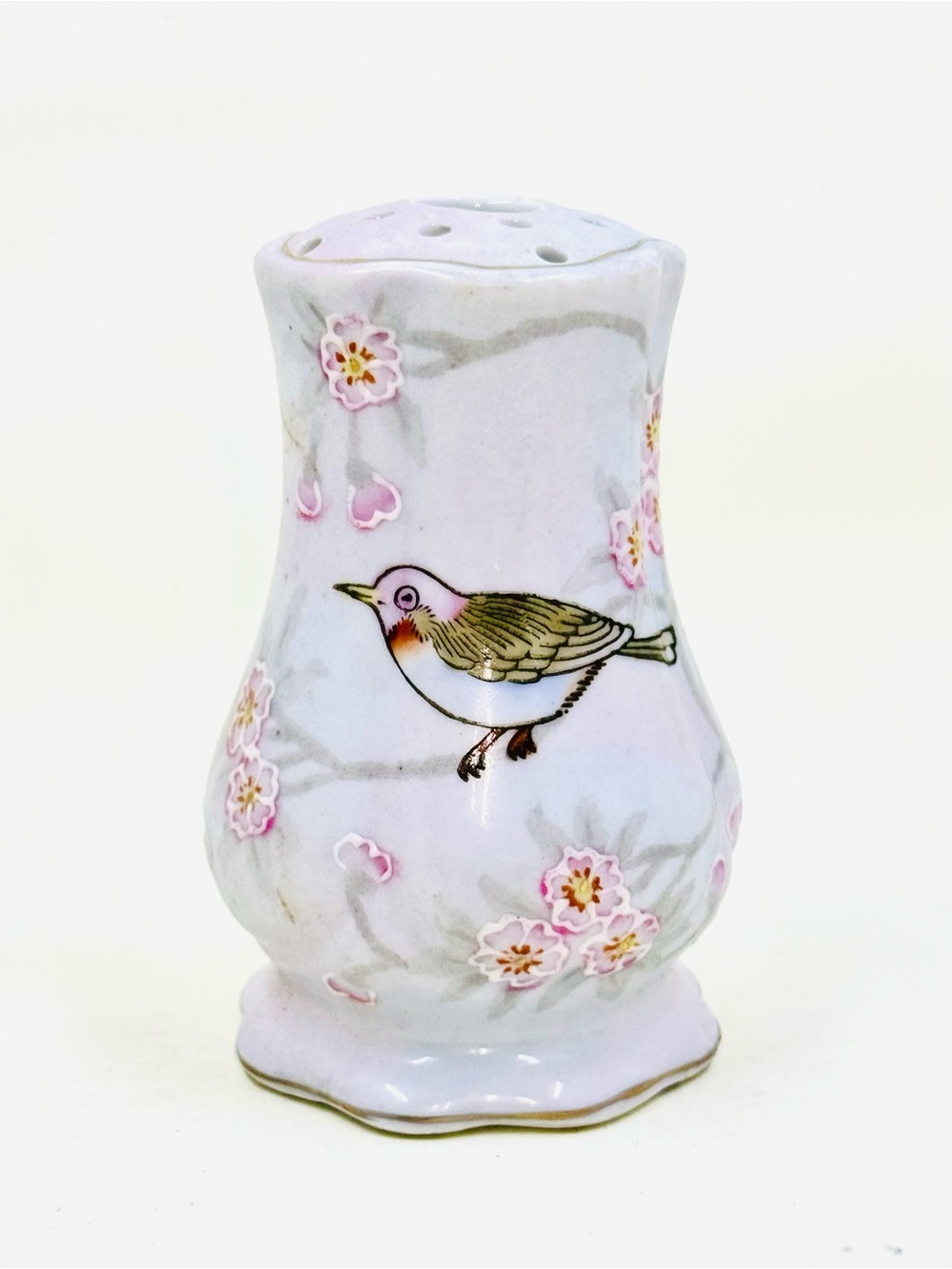 Vintage Porcelain Hand Painted Hat Pin Holder W/Bird & Cherry Blossoms 4”X2.25”